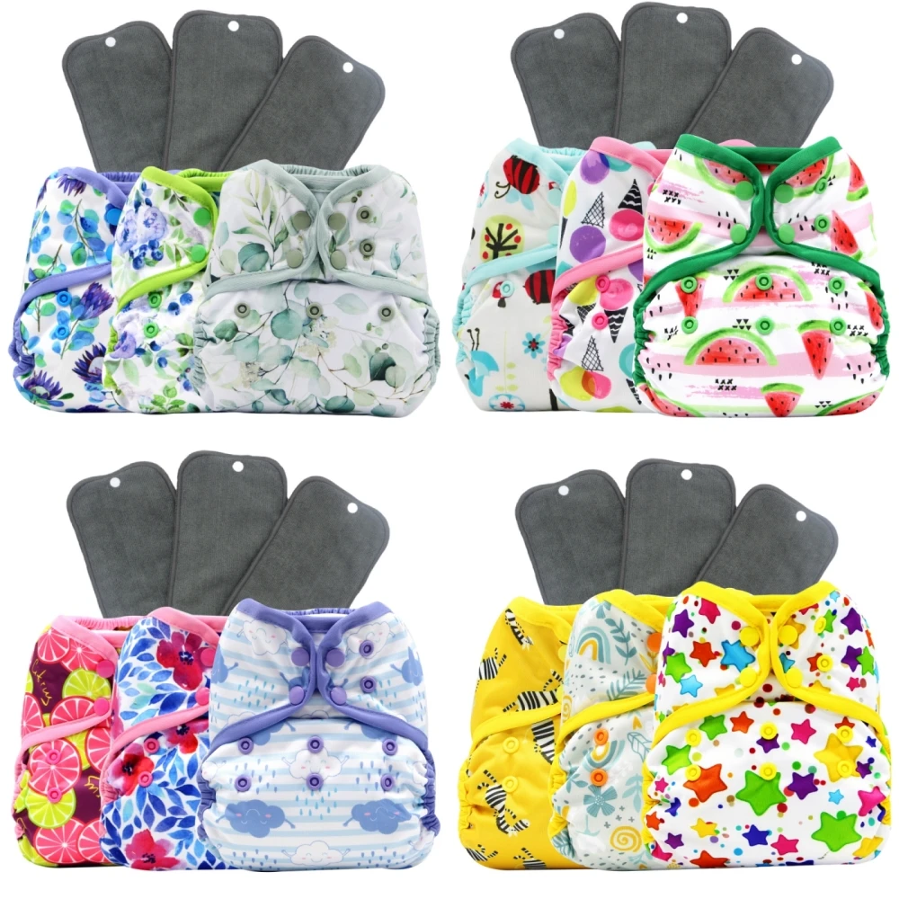 6 pcs of 3 diaper covers and 3 inserts one size baby cloth diaper cover nappy double gussets