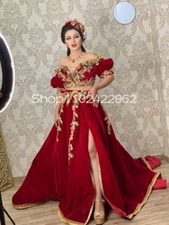 Wine Red Velvet Moroccan Traditional Prom Dresses Two Pieces Off Shoulder Gold Applique Beaded Tunisian Arabic Evening Gowns