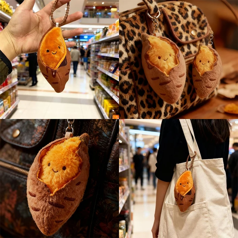 Kawaii Roasted Sweet Potato Keychain, Cute Plush Bag Charm for Girls, Soft Cartoon Pendant for Backpack & Gift