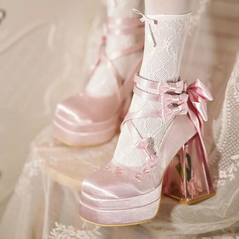

Ele Princ Sle High Heels with Bow Tie Glass Flower House Design Lolita Mary Janes Cosplay oes for Women
