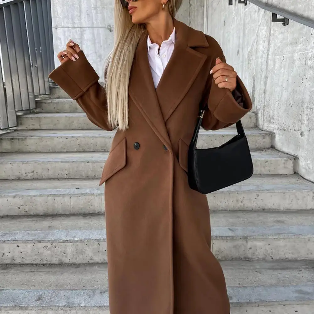 Loose Coat Thick Windproof Mid Length Lapel Overcoat for Women Solid Color Double-breasted Straight for Fall/winter for Women