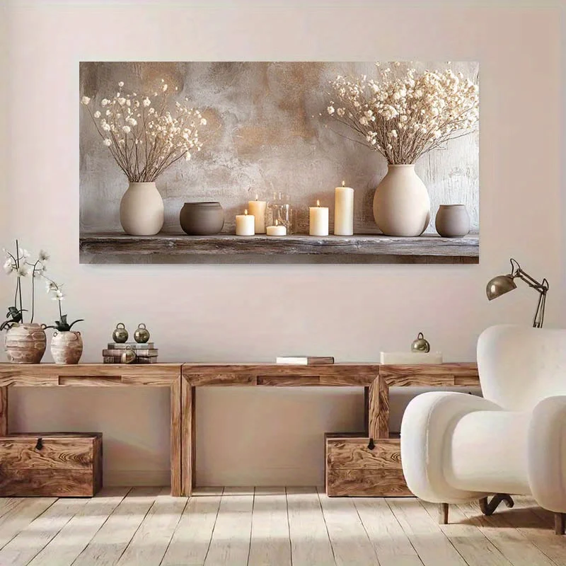 1pc Frameless Modern Canvas Art Golden Tree of Life, Neutral Tones with White Vases & Candles, for Living Room or Bedroom Decor