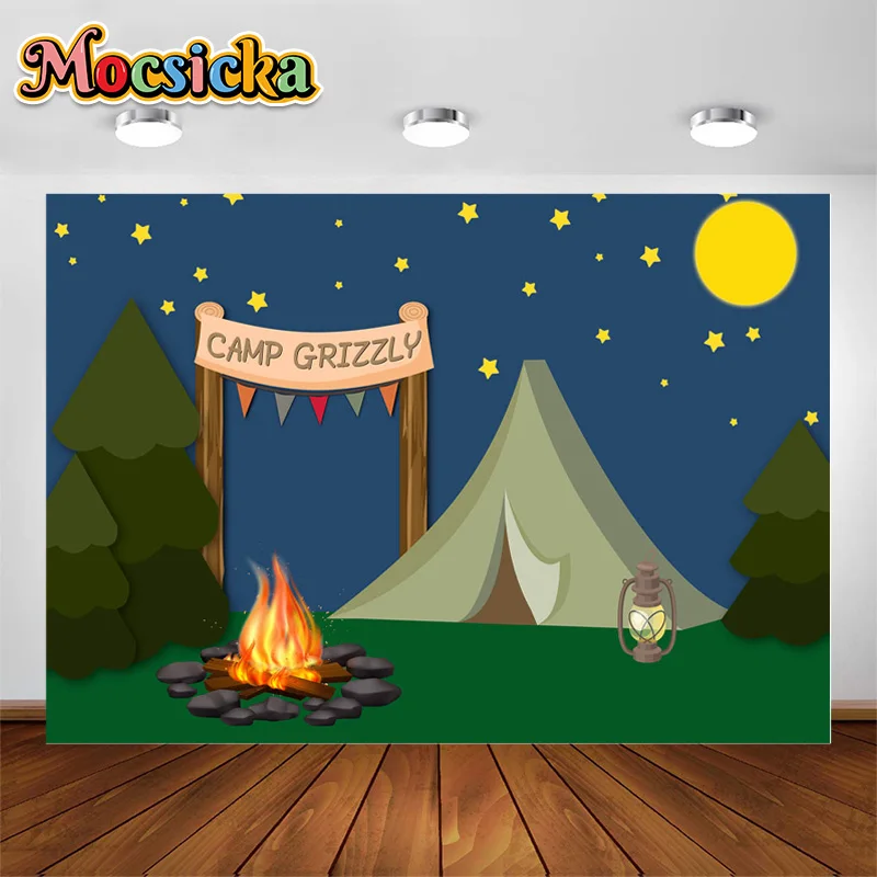 Cartoon Camping Backdrop Outdoor Campfire Tent Camping Theme Party Backdrop Pine Trees Scenery Full Moon Night View Background