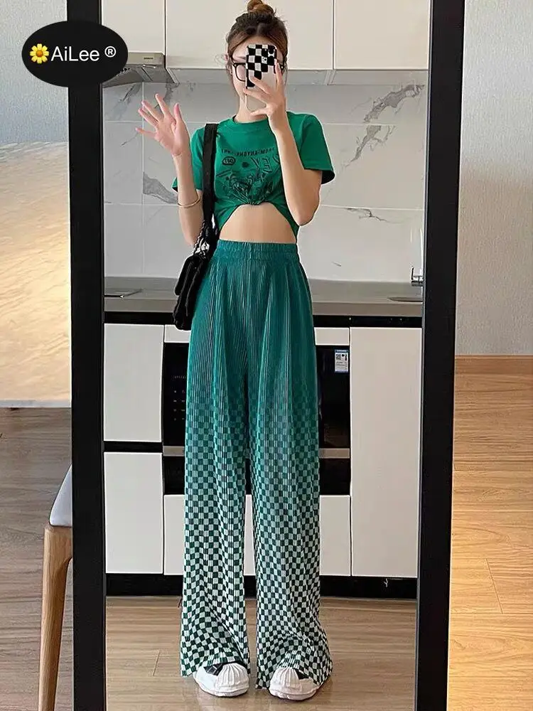 Chessboard Plaid Gradient Wide Leg Pants Women Summer Pleated Trousers Cropped High Waist Loose Drape Ins Chic Straight Pants