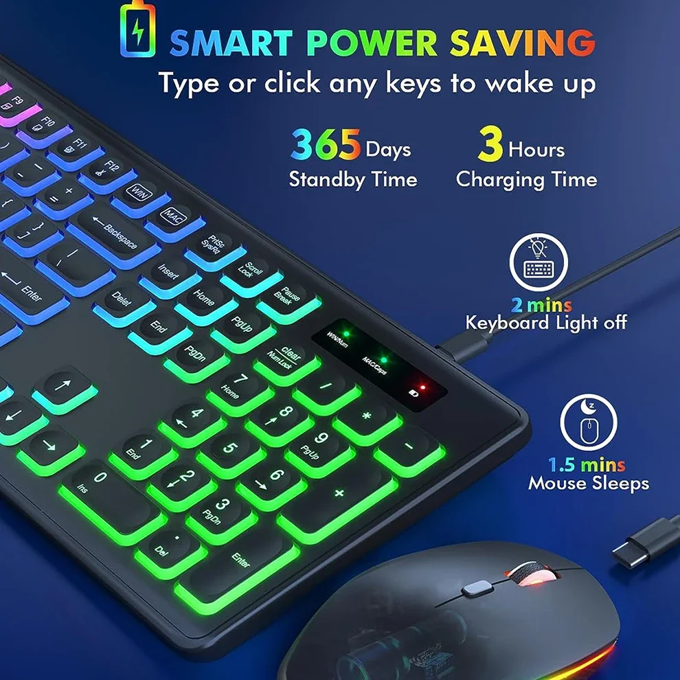 Combinação de teclado e mouse sem fio RGB retroiluminado, letras iluminadas recarregáveis, tamanho completo, ergonômico, modo de suspensão, 2,4 GHz