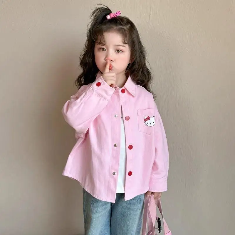 

Sanrio Hello Kitty пальто для девочек, детские весенне-осенние повседневные топы, рубашка с длинными рукавами, кавайная универсальная модная одежда с героями мультфильмов аниме