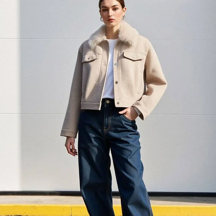 

Autumn Fashion Fleece-Lined Thick Warm Baseball Outwear Casual Single-Breasted Pocket Coat Women's Faux Fur Collar Wool Jacket