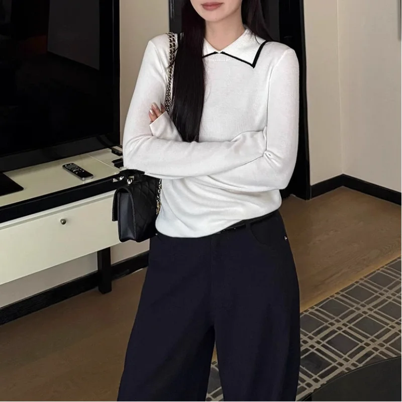 Estilo coreano bloco de cor gola polo camisola de malha das mulheres outono inverno novo estilo camisola fino ajuste design sentido camada base topo