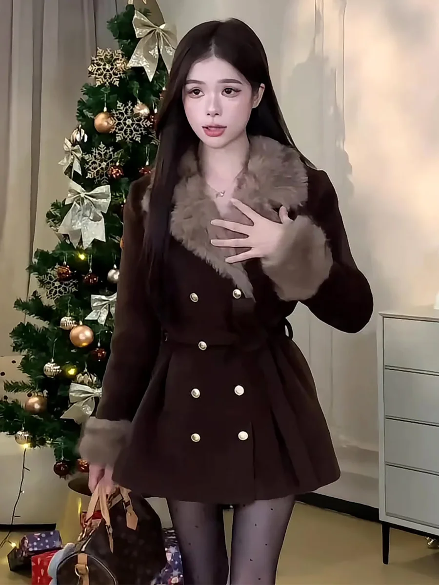 여성용 엘레 중간 길이 울 코트, 턴다운 칼라, 더블 브레스트 슬림 디자인, 한국 스타일 겨울 아우터