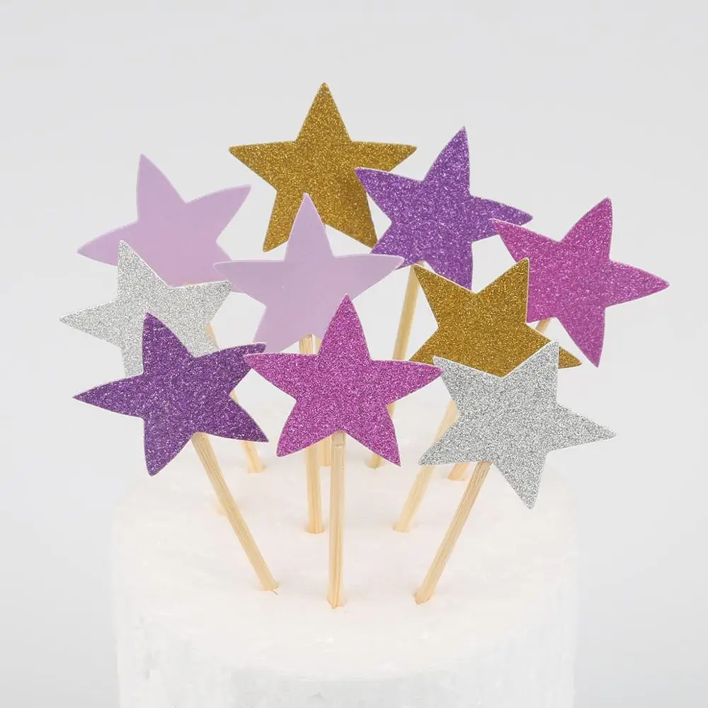 10pcs Mini Heart Star Cupcake Toppers Birthday Cake Topper Decorating Picks Kids Wedding Party Decorations Baby Shower Favors