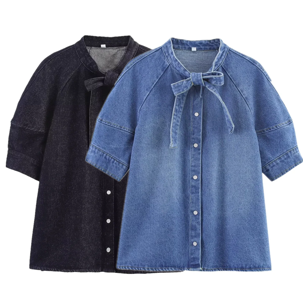 

Withered Minimalist Fashion Denim Shirt French Elegant Bow Tie Short Sleeve Shirt For Women Blouse Pullover Tops