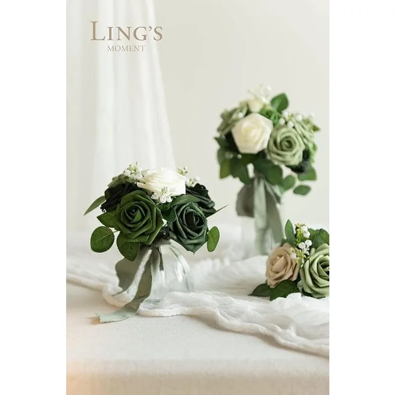 ดอกไม้ประดิษฐ์ 50 ชิ้น ดอกกุหลาบขนาด 3 นิ้ว สีเขียวมรกต สมจริง สำหรับตกแต่งงานแต่งงาน/ของประดับตกแต่งโต๊ะ