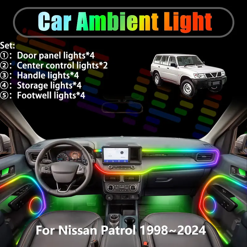 

For Nissan Patrol 1998~2024 MK4 4th Y61 2/18 in 1 Car ambient lighting Led trunk interior led lights USB RGB Ensemble Streamer