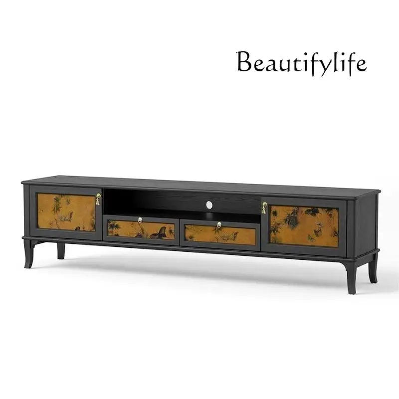 

French Retro Solid Wood TV Cabinet Mid-Ancient Style Living Room Home Small Apartment Storage Floor Cabinet