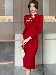 H Han Queen Winter Dress Fashion Color Blocking Bottoming Office Pencil Elastic Knitted Women Sheath Dresses Work Party Vestidos