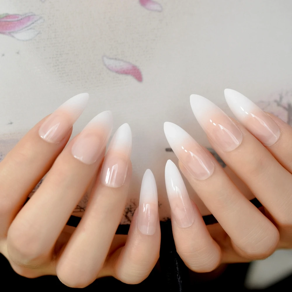Ombre Extra Long French Nail Extreme Stiletto Gradient Nude White 24 Fake Nails Acrylic Nails Wholesale Manicure Tips With Tools