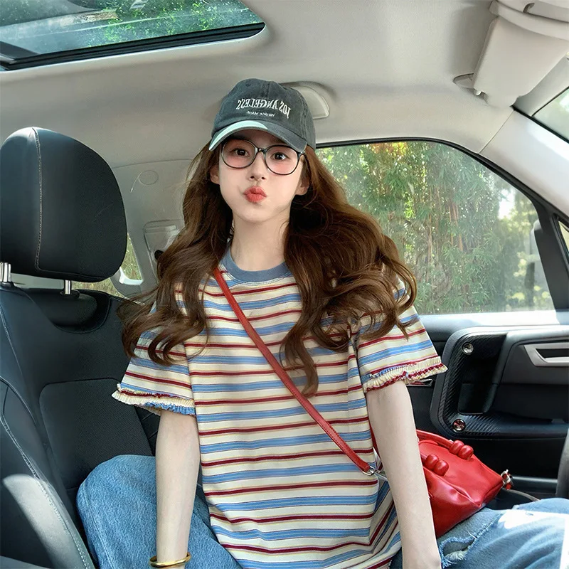 Women Vintage Multicolor Striped T-Shirt Crew Neck Fringe Edge Short Sleeve Loose Fit Soft Cotton Daily Casual Top