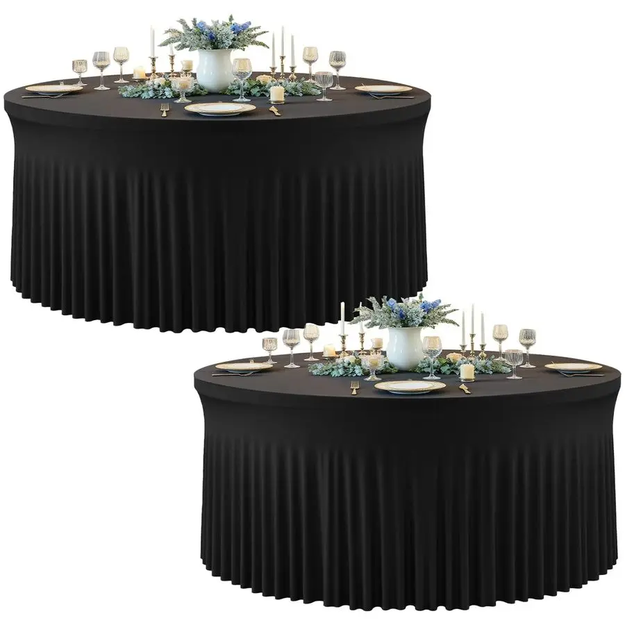 

Набор из 2 черных круглых скатертей из спандекса для стола диаметром 60 дюймов, эластичные скатерти-чехлы на 5 футов с оборками для свадеб, мероприятий и дней рождения