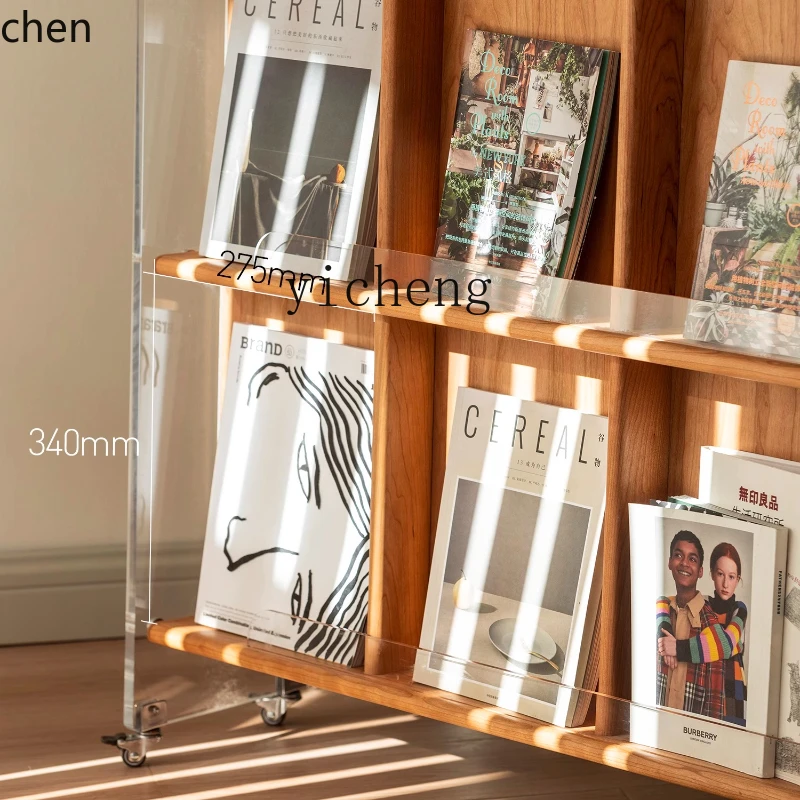 YFY  Magazine Rack Cherry Wood Newspaper Rack Display Floor Solid Wood Bookshelf
