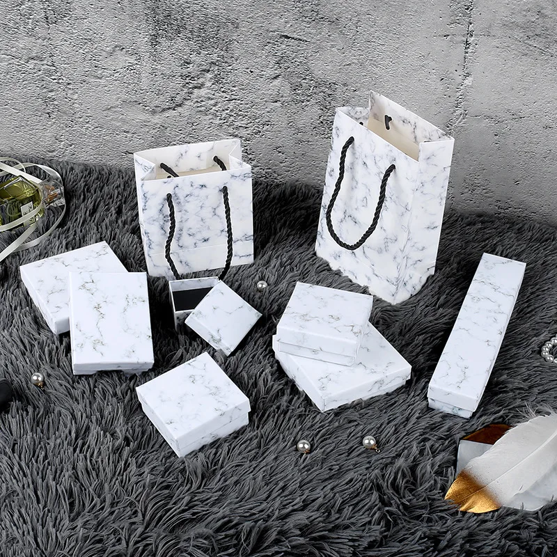 10pc Cardboard Jewelry Box, Marble-patterned Jewelry Box.  Ring Necklace Earring Kraft Paper Packaging Box