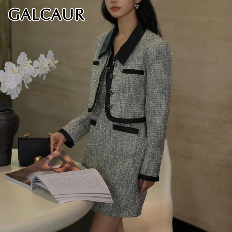 GALCAUR Elegant Women's Two Piece Sets Lapel Long Sleeve Coat V Neck Sleeveless Short Dress Temperament Set Female Fashion Style