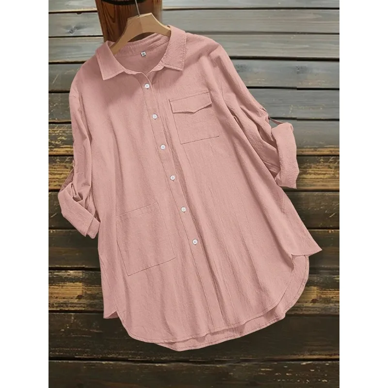 Plus Size 2024 Summer New Women's Single Row Button Down Shirt Pure Color Pocket Lapel Summer Optimal
