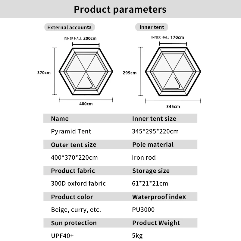 3-4People Hexagonal/Octagonal Luxury 4Season Pyramid Tent Igloo Tents Rainproof Camping Indian Tent