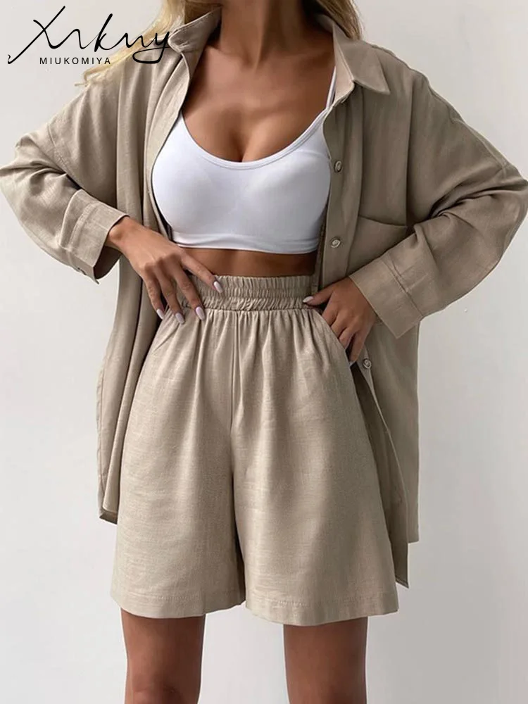 

MiuKoMiYa Casual Shorts Sets Women 2 Piece Outfits Solid Oversized Shirts Two Piece Set For Women Shirt And Shorts Set Summer