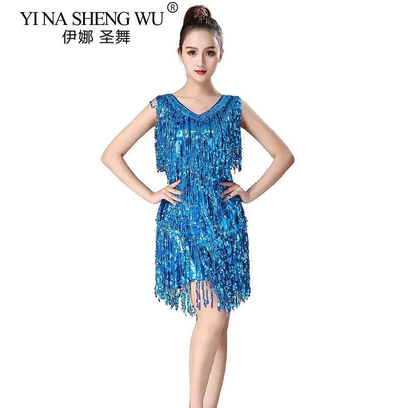 Abito da donna con frange con paillettes Abito da ballo latino senza maniche lucido Tango Samba Costume da ballo per sala da ballo Jazz Salsa Party Wear