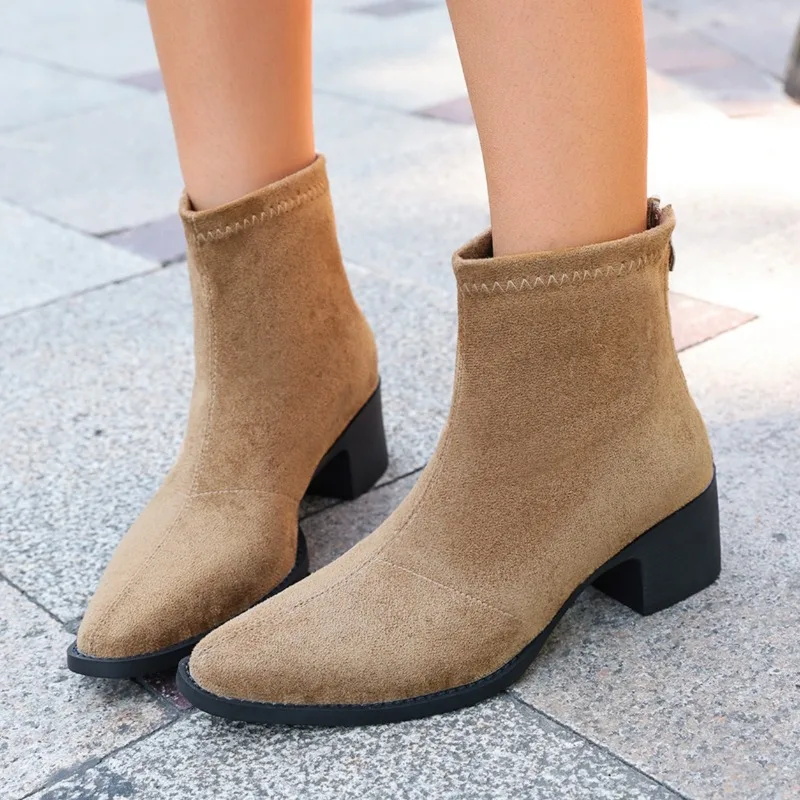 Suede Ankle Boots For Women Chunky Block Heel Back Zipper Easy On Fall Winter Daily Essential Fashion Pair