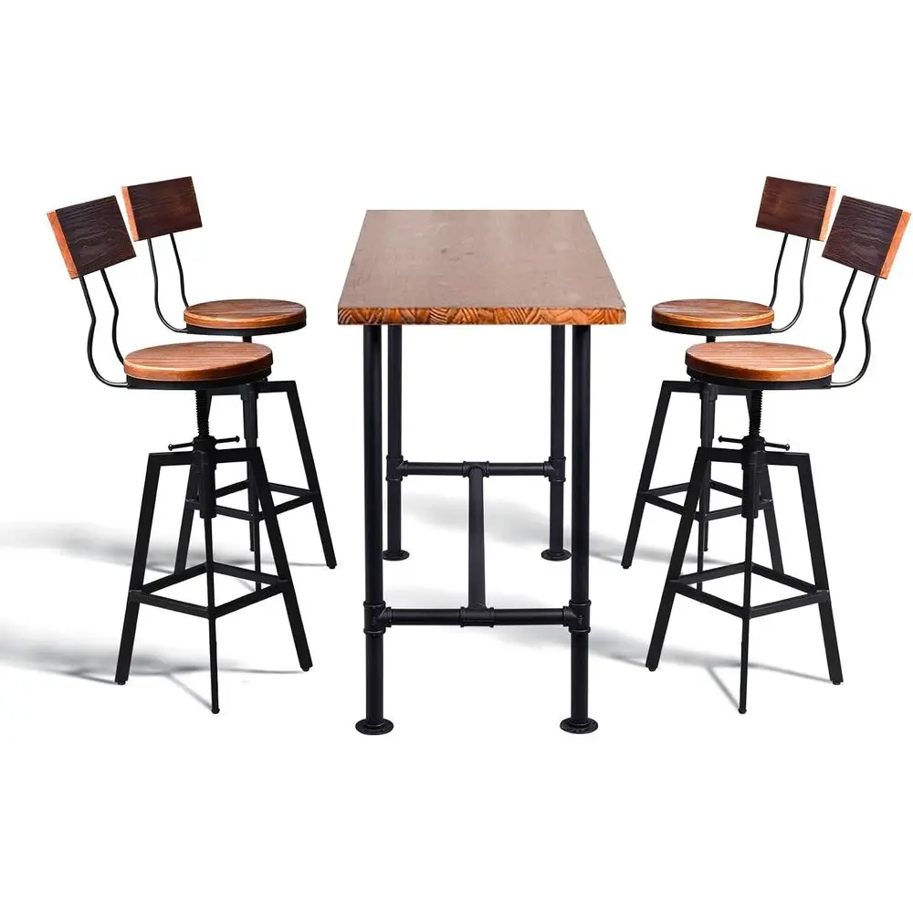 

5-Piece Dining Set: Rustic Industrial Metal & Wood Table with 4 Swivel Stools for Home, Cafe, or Pub