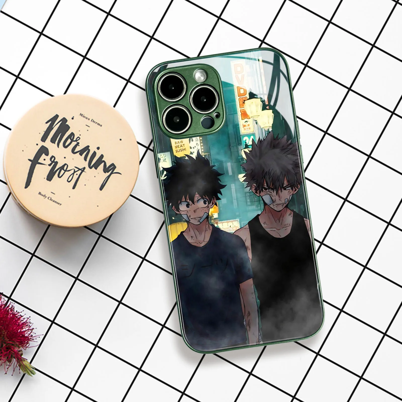 Bakugo and Izuku Anime Character TPU Tempered Glass Green Phone Case for iPhone 13 12 Mini 7 8 14 15 Plus 11 14 15 Pro Max