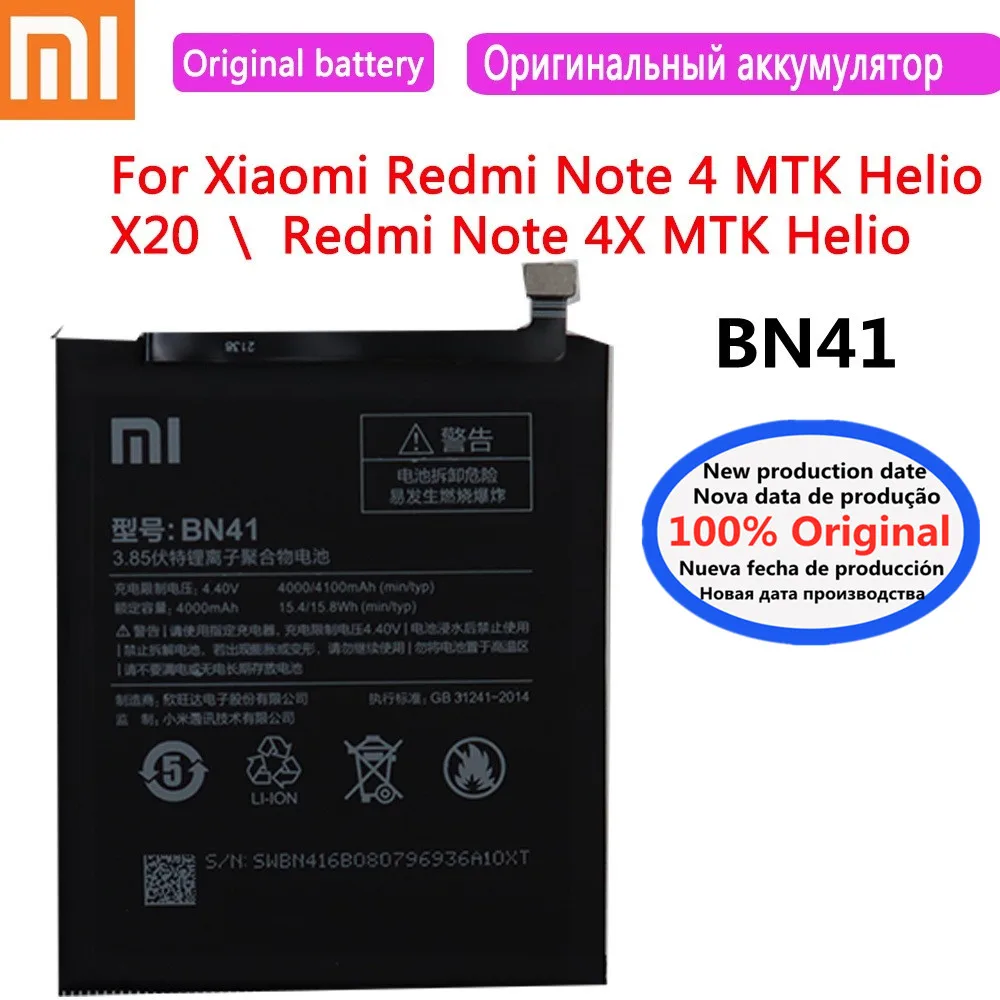 

New 100% Xiao Mi BN41 Original Battery For Xiaomi Redmi Note 4 / X4 4000mAh Mobile Phone Battery Bateria Fast Deliver
