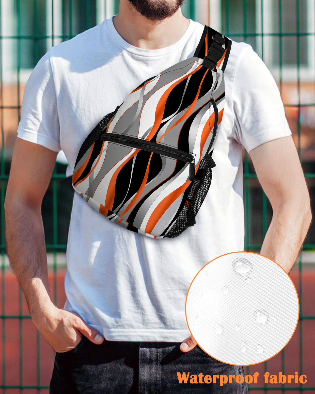 Bolso de pecho naranja degradado de líneas abstractas para mujeres y hombres, bolsos de mensajero impermeables, bolso cruzado de un hombro, bolso deportivo de viaje femenino