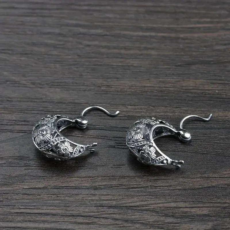 Silver Plated Hoop Earrings for Women, Silvery Flower Pattern, Retro Jewelry, Trendy, Exquisite