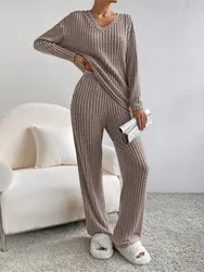 2024 Casual Sets For Women 2 Pieces Autumn New Loungewear Loose V-Neck Long Sleeve Top And Pit Strip Knitted Straight Pants Suit