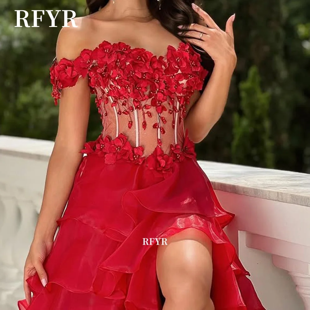 فستان سهرة مزين بالزهور ثلاثية الأبعاد من RFYR متعدد الطبقات للحفلات الراقصة على شكل حرف A فستان الأميرة مناسب رسميًا حسب الطلب