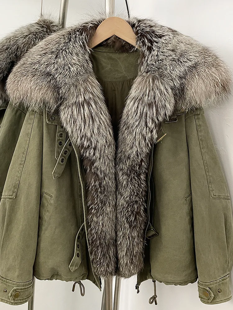 ZMEENNA Womens Short Brown Jacket With Huge Fur Collar Trim Luxurious Warm Winter Coat Loose Fit Casual Outerwear ZM4378