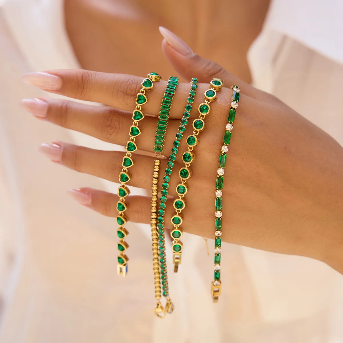 Fashion Trend High Quality Green Zirconia Chain Bracelet Elegant Luxury Stainless Steel Waterproof Charm Pendant Wrist Jewelry