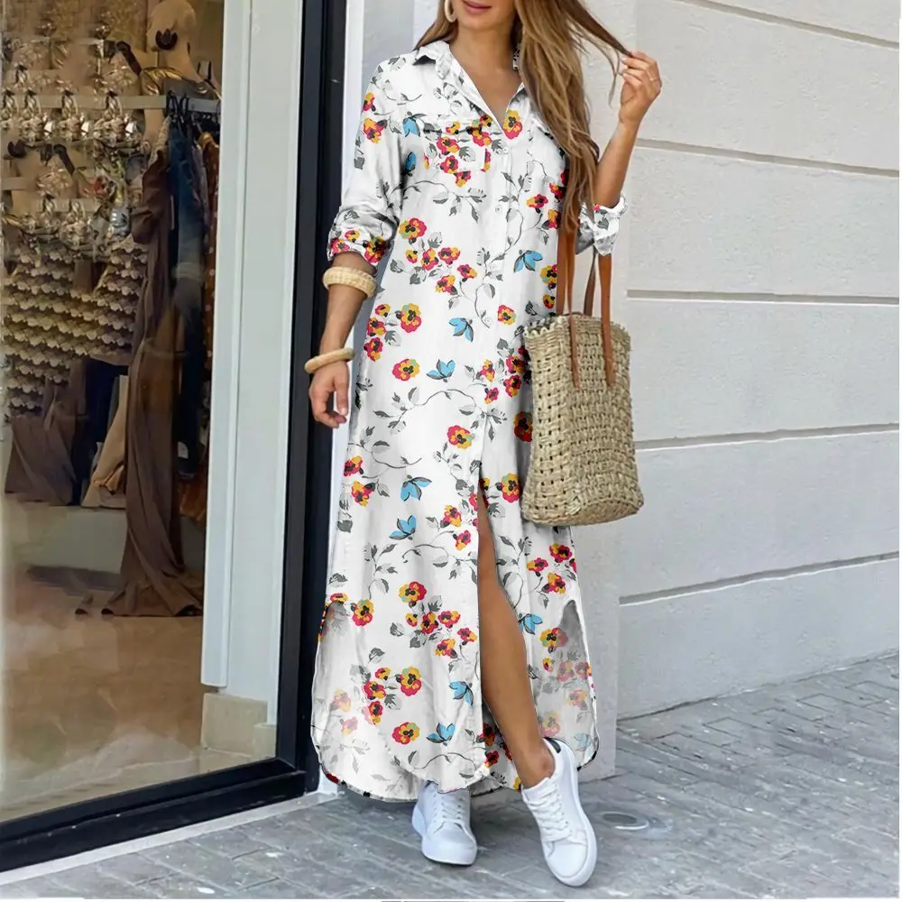 

New Fashion Autumn Elegant Lady Print Polo Button Maxi Dress Women Long Sleeve Loose Femmen Casual Single Breasted Floral Dress