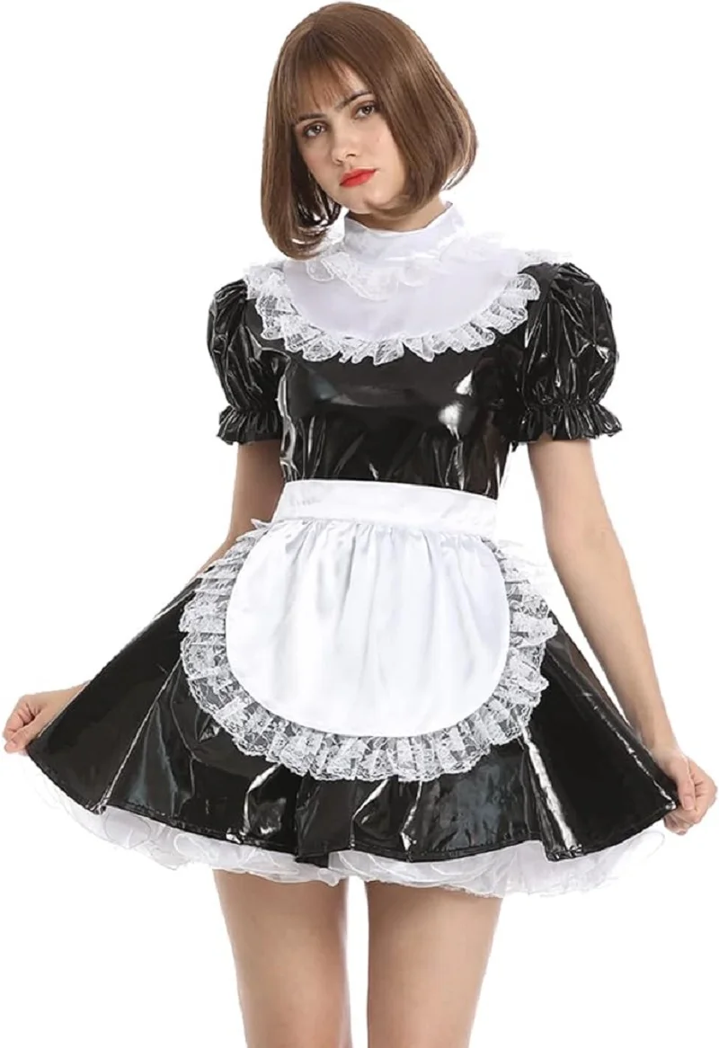 Smooth and Glossy PVC Short Sleeved Independent Apron with Lace Bow Tie and Multiple Styles of Dresses