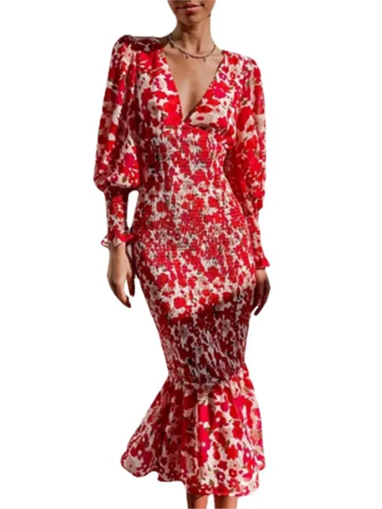 2024 Spring Autumn New Fashionable Printed Sexy V-neck Slimming Fishtail Seven Quarter Sleeve Princess Sleeve Dress