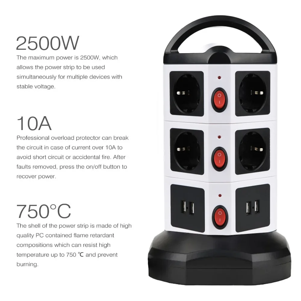Melery Tower Steckdosen leiste vertikale Steckdosen EU-Steckdosen USB-Anschlüsse individuell Schalter 1,8 m einziehbares Verlängerung kabel