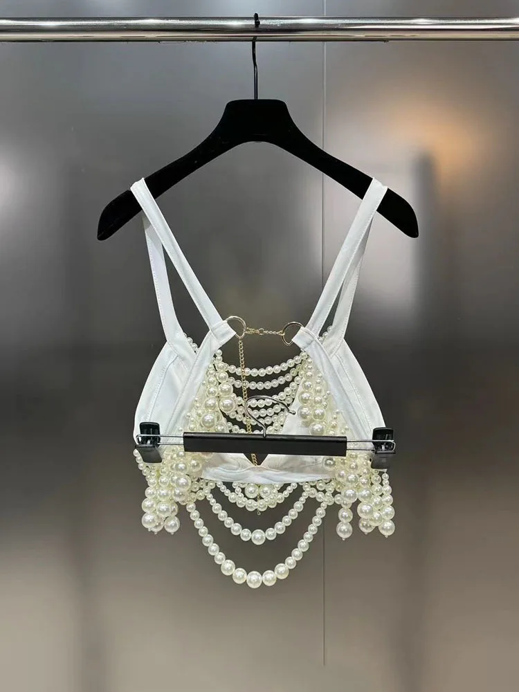 DEAT New Items Fashion Women's Pearl Chain Patchwork Sling Vest 2024 Spring Trendy Backless Sleeveless Camisole Female 11XX8919