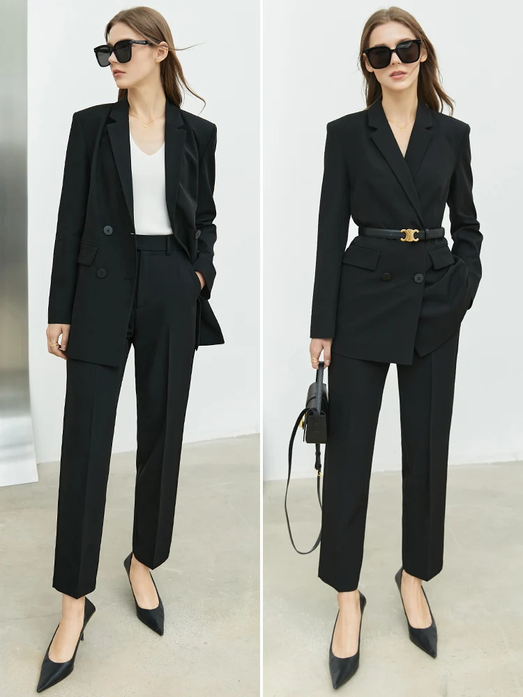 Amii-Blazer de printemps minimaliste pour femme, veste croisée solide, manteau de bureau, pantalon de rinçage taille haute, 12230021