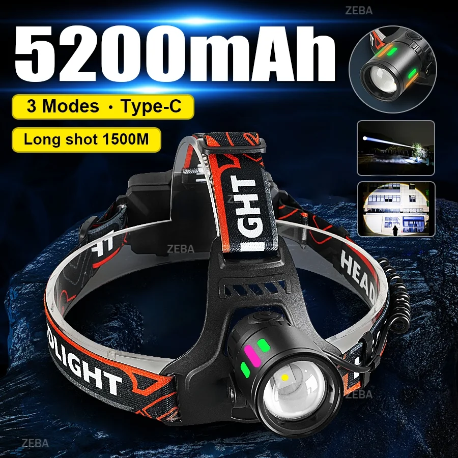 

100000LM High Power LED Headlamp Alloy 5200mAh Work 12 Hours Headlight Rechargeable Head Lantern Work Fishing Front LED Head