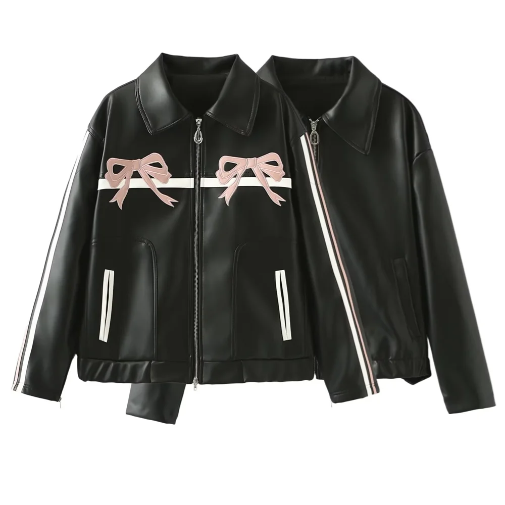 PB&ZA 2024 Spring New Women\'s Fashion Style Loose and Versatile Sweet Cool Bow Decoration Flip Collar Leather Coat