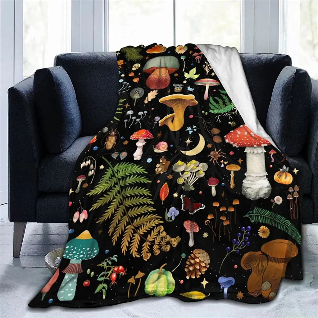 Mushroom Blanket Colorful Butterfly Moon Star Black Print Throw Blanket Mushroom Decor Warm for Home Living Room Sofa Office