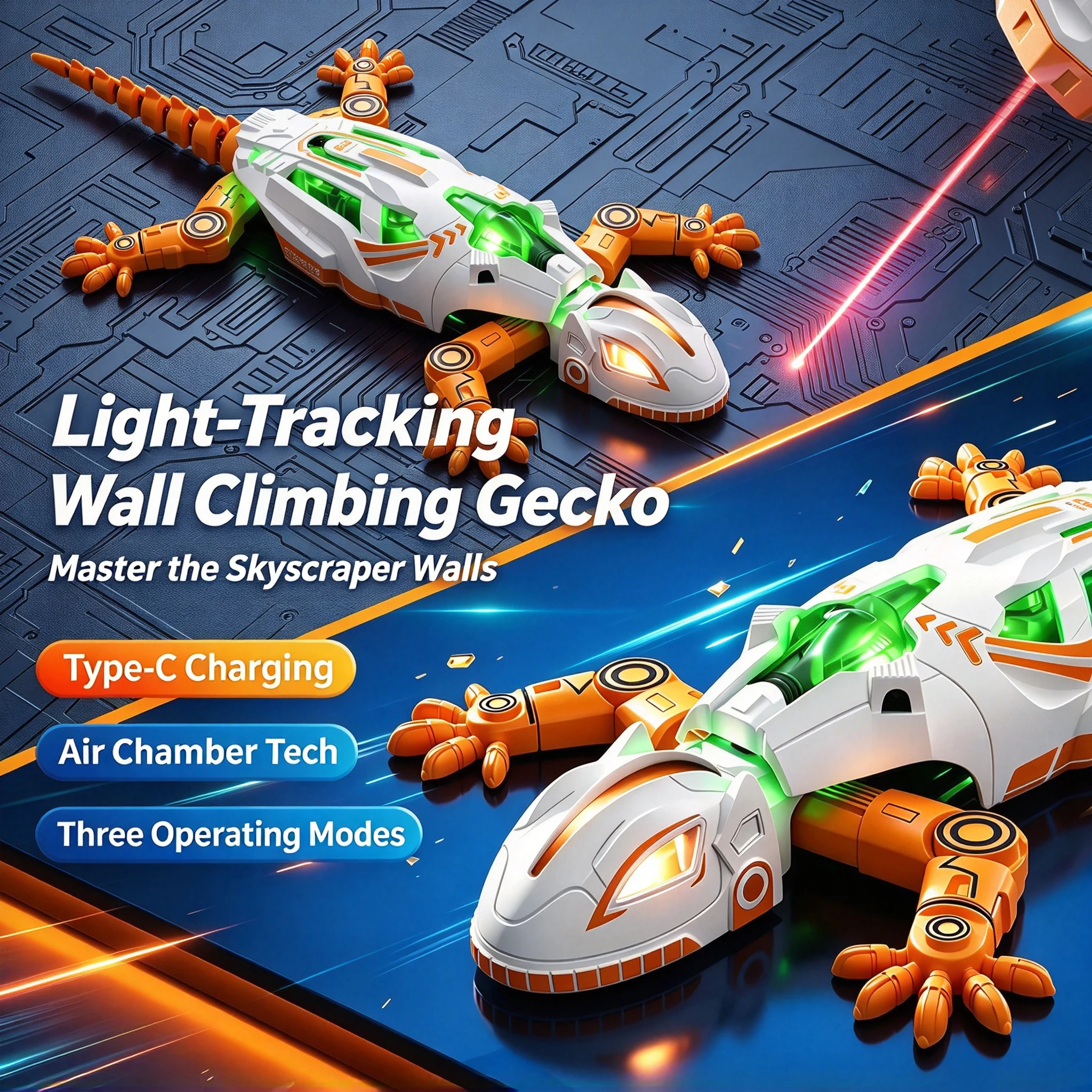 Light sensitive tracking remote control lizard, 3-mode multi surface adsorption remote control toy, supports Type-C charging