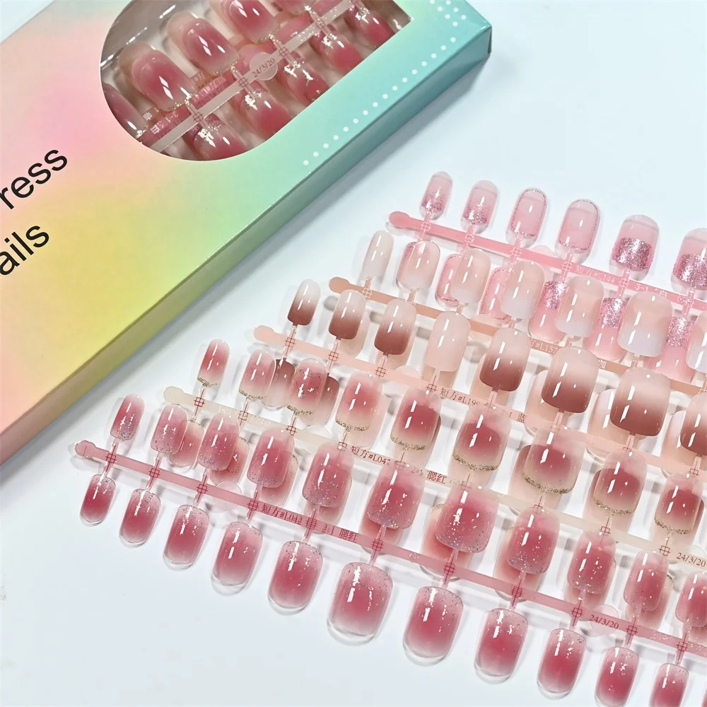 120Pcs Minimalist Blush Ombre Fake Nails Short Square Natural Translucent Press On Nails with Nail File Long Lasting False Nails
